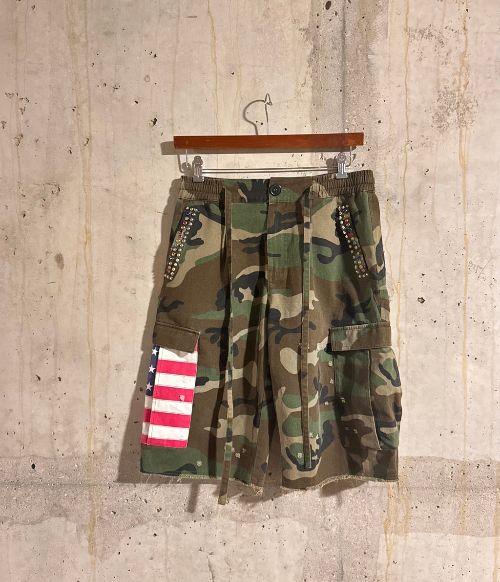 Americana Camo Pleated Rhinestone Shorts